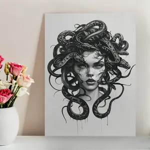 2D Flat, 1pc Frameless Medusa Gorgon Canvas Print Poster, Greek Mythology Wall Art Decor for Living Room, Bedroom, Office, Dining Room, Print, Artwork, Reusable, Perfect Gift and Decoration, 12 Inches X 16 Inches