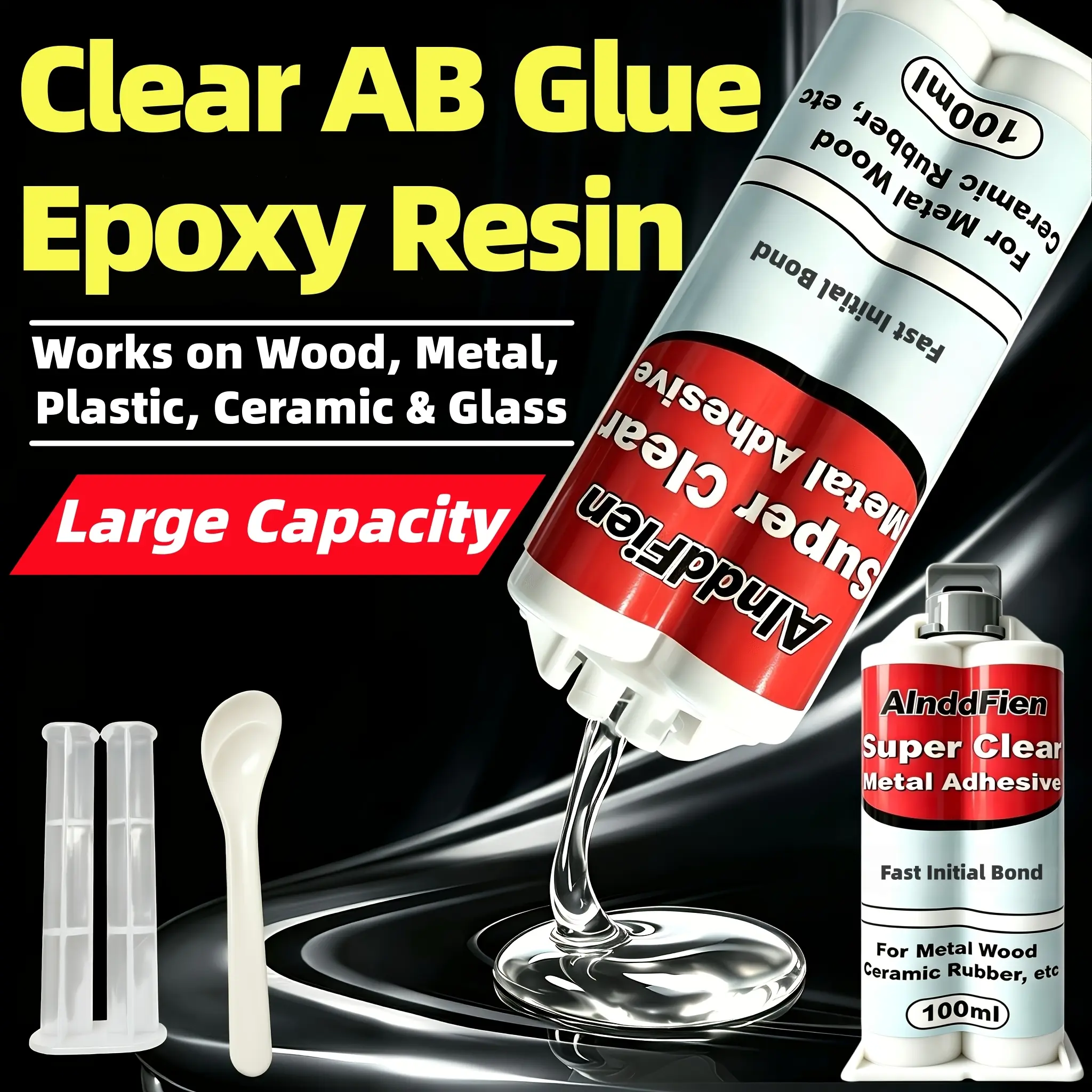 2-Part Clear Epoxy Resin AB Glue, 5-Minute Curing Adhesive, Transparent After Solidification, Easy to Use, Long-Lasting Stable Firm Bonding for Plastic, Wood, Metal, Ceramic, Marble, Leather & More