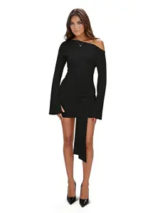 Women's Solid Color Asymmetrical Off-Shoulder Long Sleeve Bodycon Dress, Sexy Fit and Flare Dress with Flare Sleeves for Formal Parties and Daily Wear Formal Party Dress Womenswear