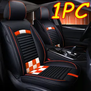 All-Season Faux Leather Car Seat Covers with Orange & White Checkered Design Universal Fit for Most Vehicles Stylish & Durable