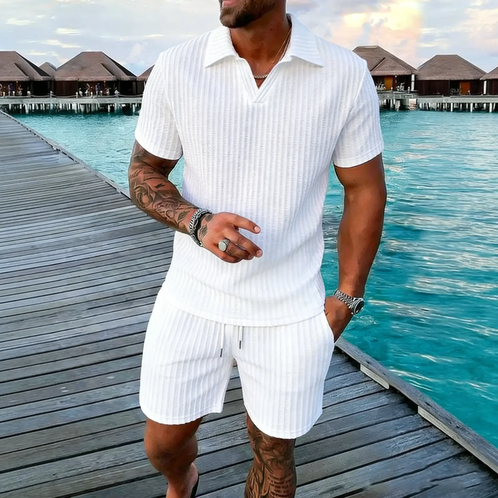 Men's 2 Piece Sets - Regular-Fit Polyester Knit Shortsleeve V-Neck Solid Polo Top & Matching Pair Shorts, Casual Holiday Menswear for Beach Vacations