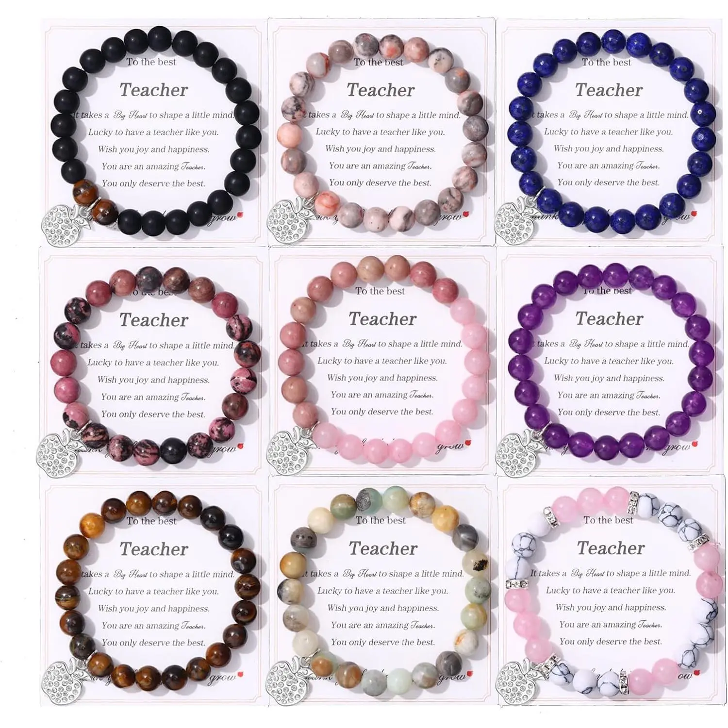 Teacher Appreciation Gifts: 9-Piece Natural Bead Bracelet Set with Apple Pendant & Message Card - Perfect Jewelry Gift for Men & Women Educators