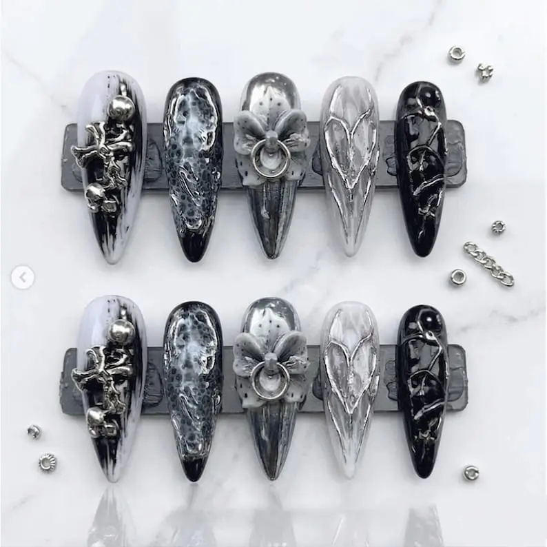 Chrome Cyber Goth Press On Nails Silver Heart Metallic Flower And Black Futuristic Aesthetic Y2K Alt Glam