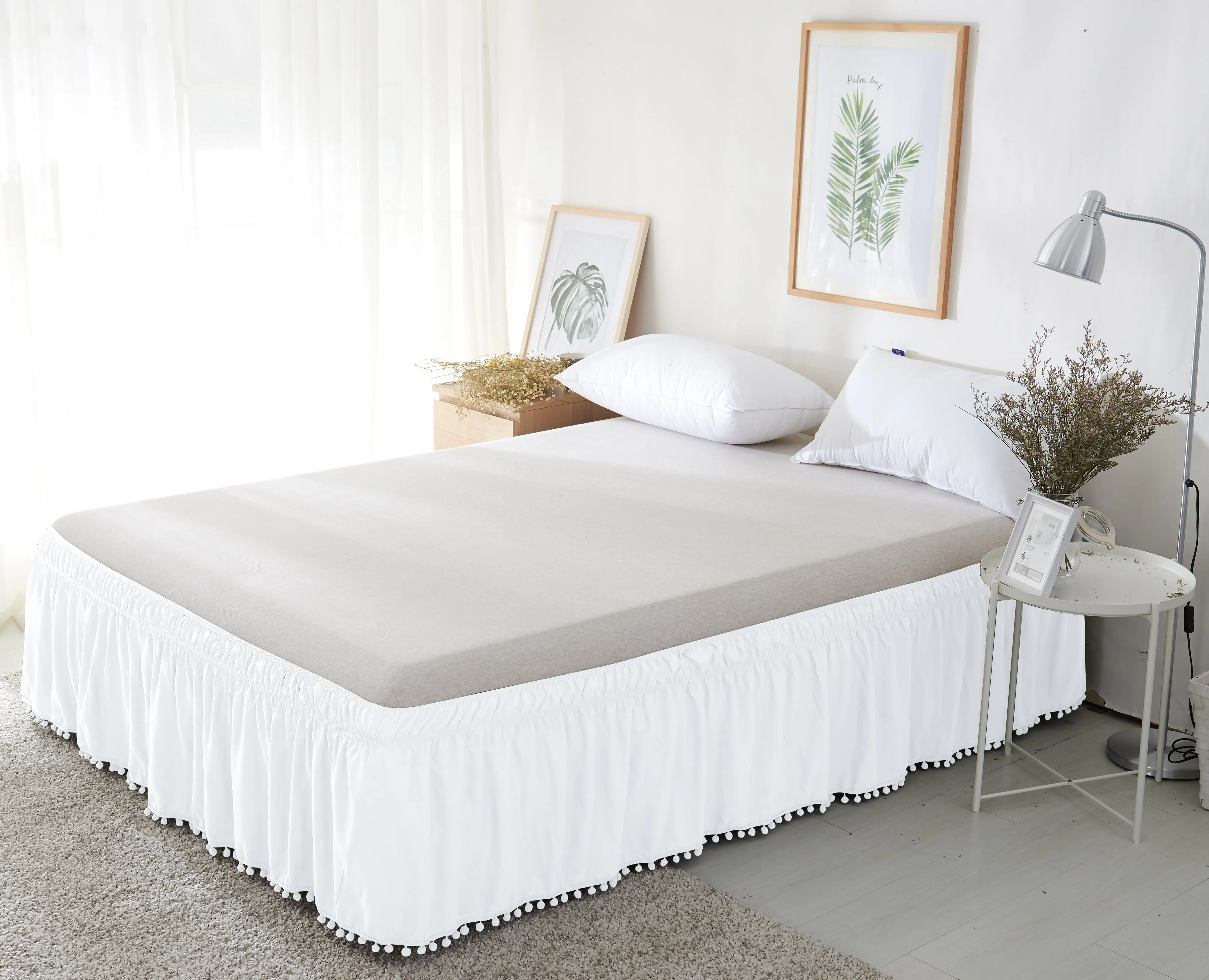 Mocassi 1-Piece Ruffle Tassel Fringe Pom-Pom Bed Skirt, 16in Wrap-Around Elastic Style with Hotel Premier Tailored Finish, Heavy Brushed Fabric for Mattress Protection & Bedroom Decor
