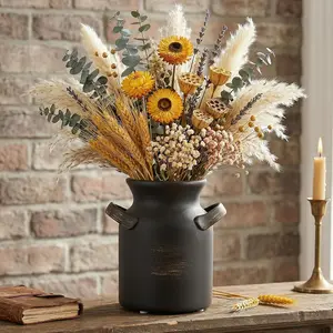 Black Ceramic Vase with Handle, Rustic Farmhouse Decor,  Decorative Vases, Distressed  Vase For Kitchen, Bedroom, Office, Living Room, Bathroom, & Shelf Centerpiece Table Decoration