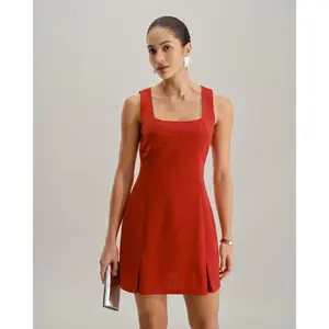 rihoas Women's Solid Polyester Basic Square Neck Waisted A-Line Short-Sleeve Lady's Casual Mini Dress for Casual Wear, Daily Wear
