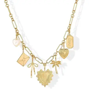 14K Gold Plated Chunky Charm Necklace Pack for Women Statement Paperclip Chain Necklaces with Removable Charms Heart Palm Tree Bow Pearl Love Friendship Necklace