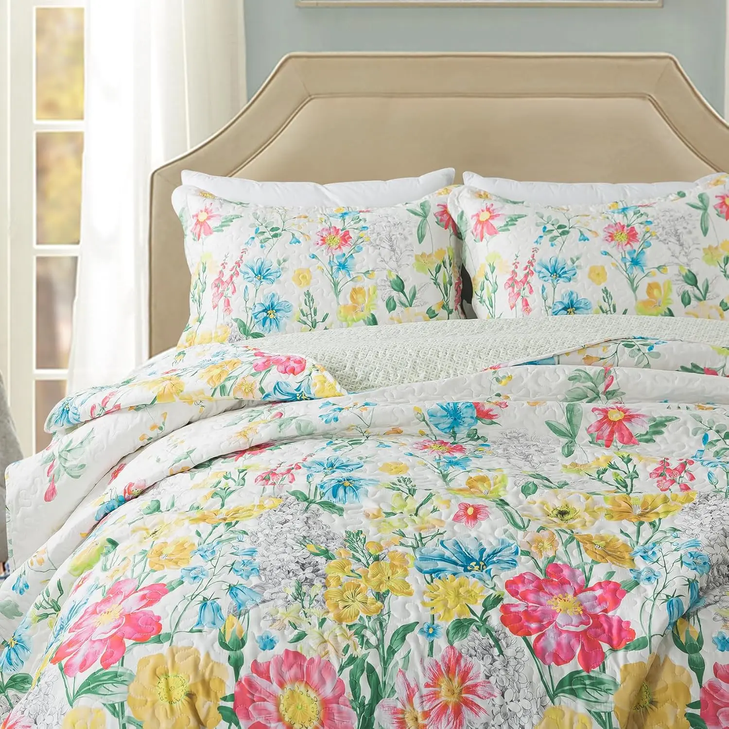 Floral Quilt King Quilt, Ultra Microfiber King Size Quilt with 1 Quilt and 2 Shams Yellow Flower Coverlet for, Coreopsis-Yellow