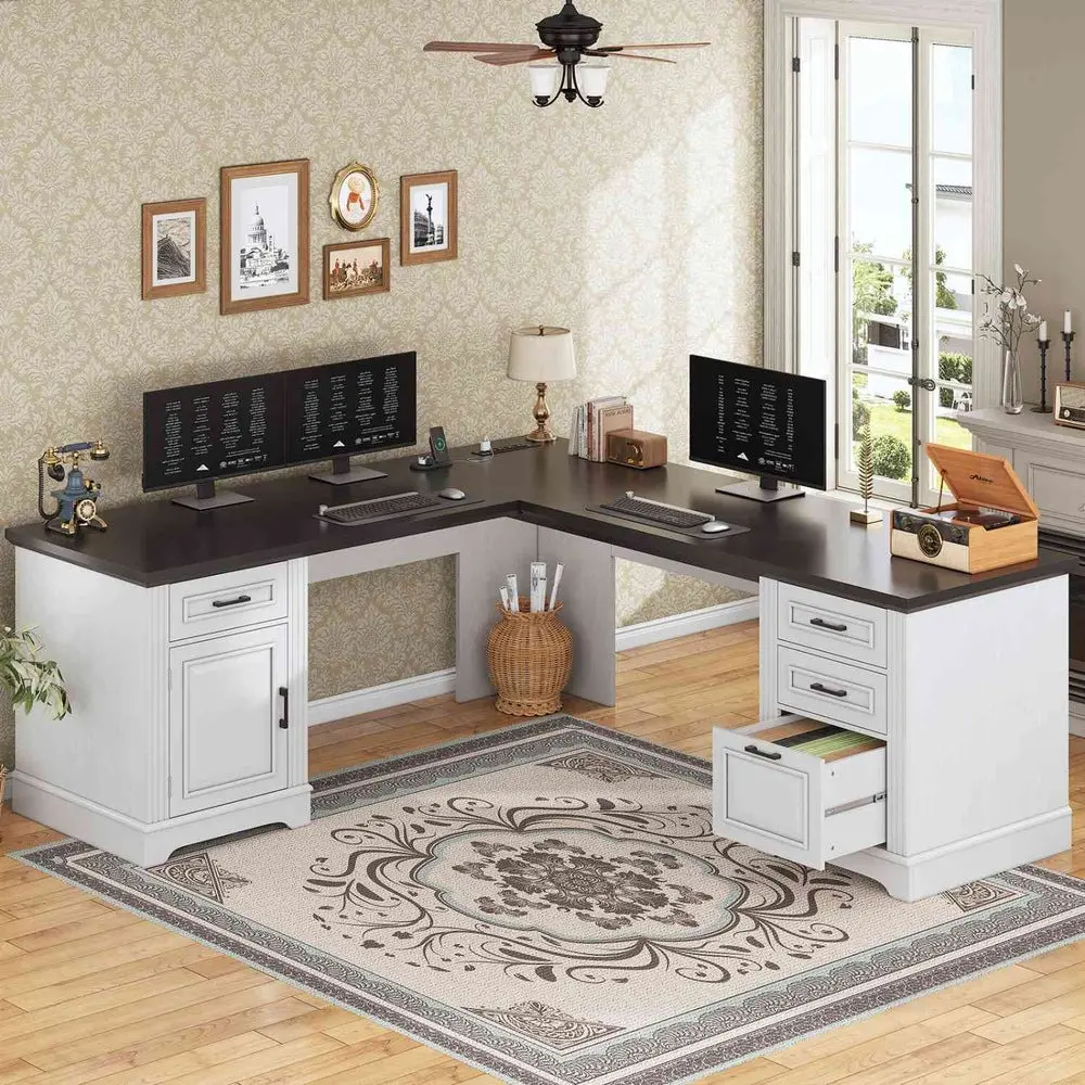 Sikaic 69 Inches L Shaped Computer Desk Farmhouse Computer Desk with File Drawers and Power Outle Wood Workstation Modern Office Furniture Study Desk Summerwins