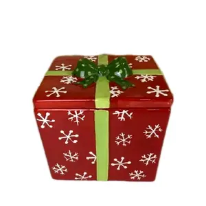 Christmas Present Cookie Jar Canister by Real Home Red w/Snowflakes & Green Bow (Made by Real Home)