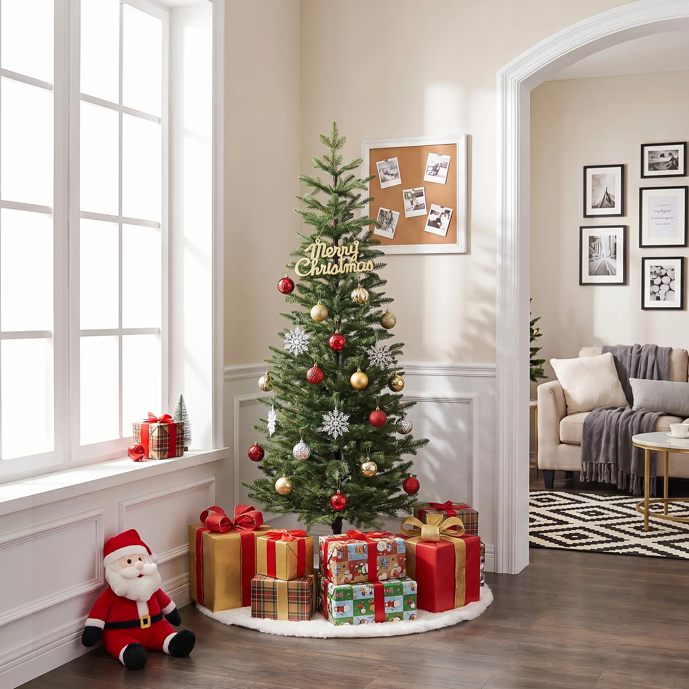 VeriNatural 5/6/7FT Pencil Christmas Tree, Slim Artificial Christmas Tree with Realistic PE Branch Tips, Available Pre-Lit or Unlit, Metal Stand, Indoor Holiday Decoration for Apartment, Entryway, Corner & Office