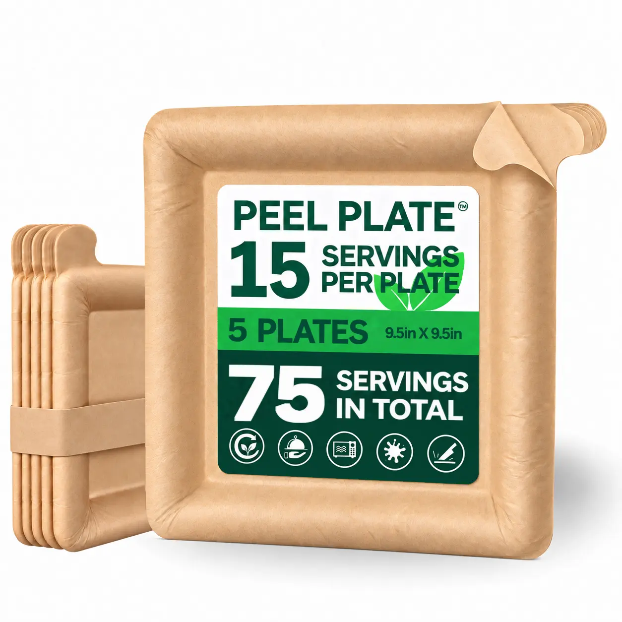 Peel Plate [5-Pack] 75 Servings Total [9.5in X 9.5in] - 1 Month Supply of Reusable Paper Plates Microwavable Peelware