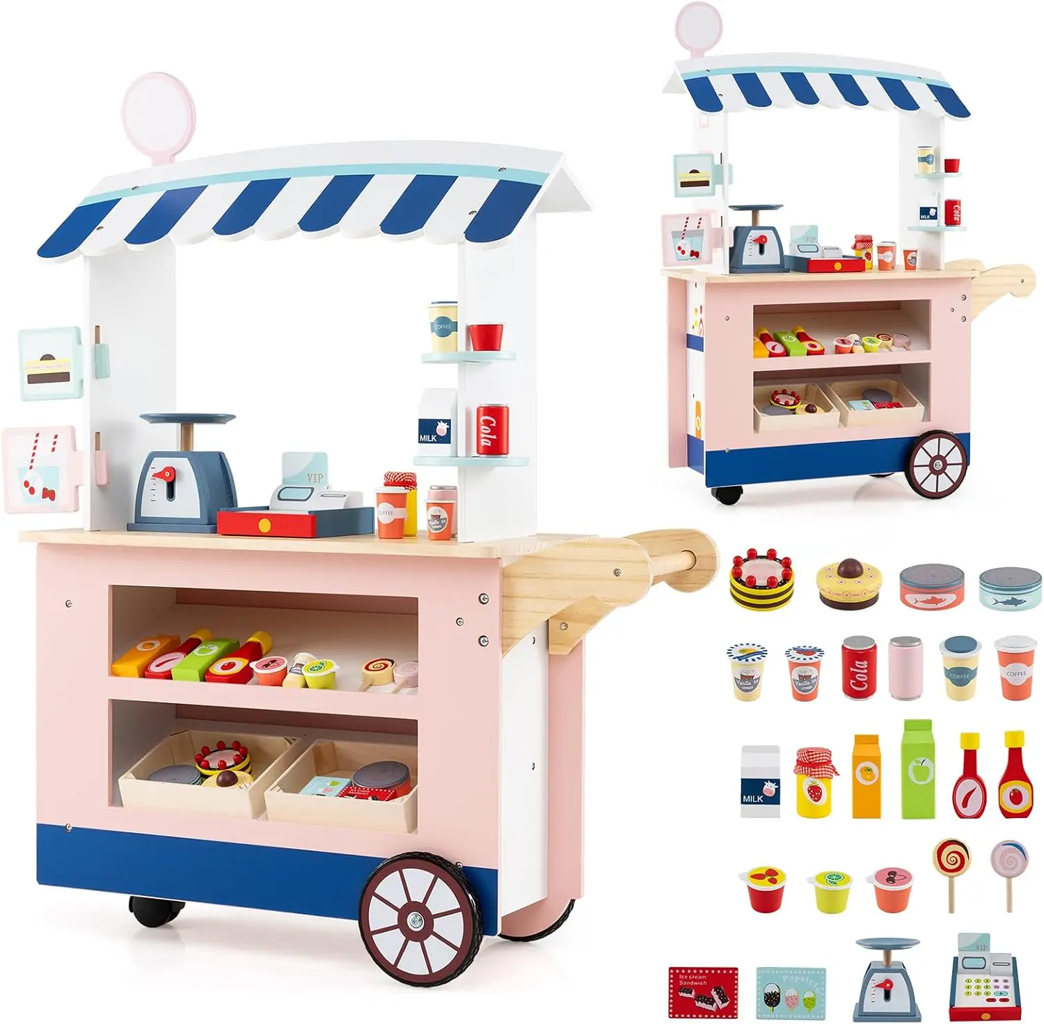 Costzon Kids Grocery Store Playset, Toddler Pretend Market Stand Shop Play Set w/ 30PCS Play Toy, Beverage Rack, Cash Register, Scale, Large Wheels, Wooden Food Cart, Gift for Boys Girls 3+