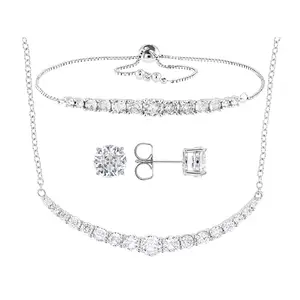 JTV White Cubic Zirconia Rhodium Over Brass Necklace, Bracelet, and Stud Set 12.81ctw