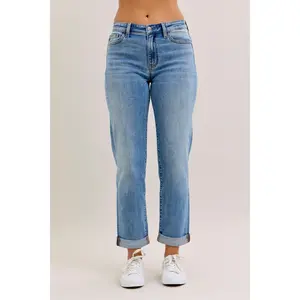 Judy Blue Mid Rise Boyfriend Jeans, Soft Stretch Cotton Denim with a Relaxed Fit and Optional Cuff for Everyday Basic Wear
