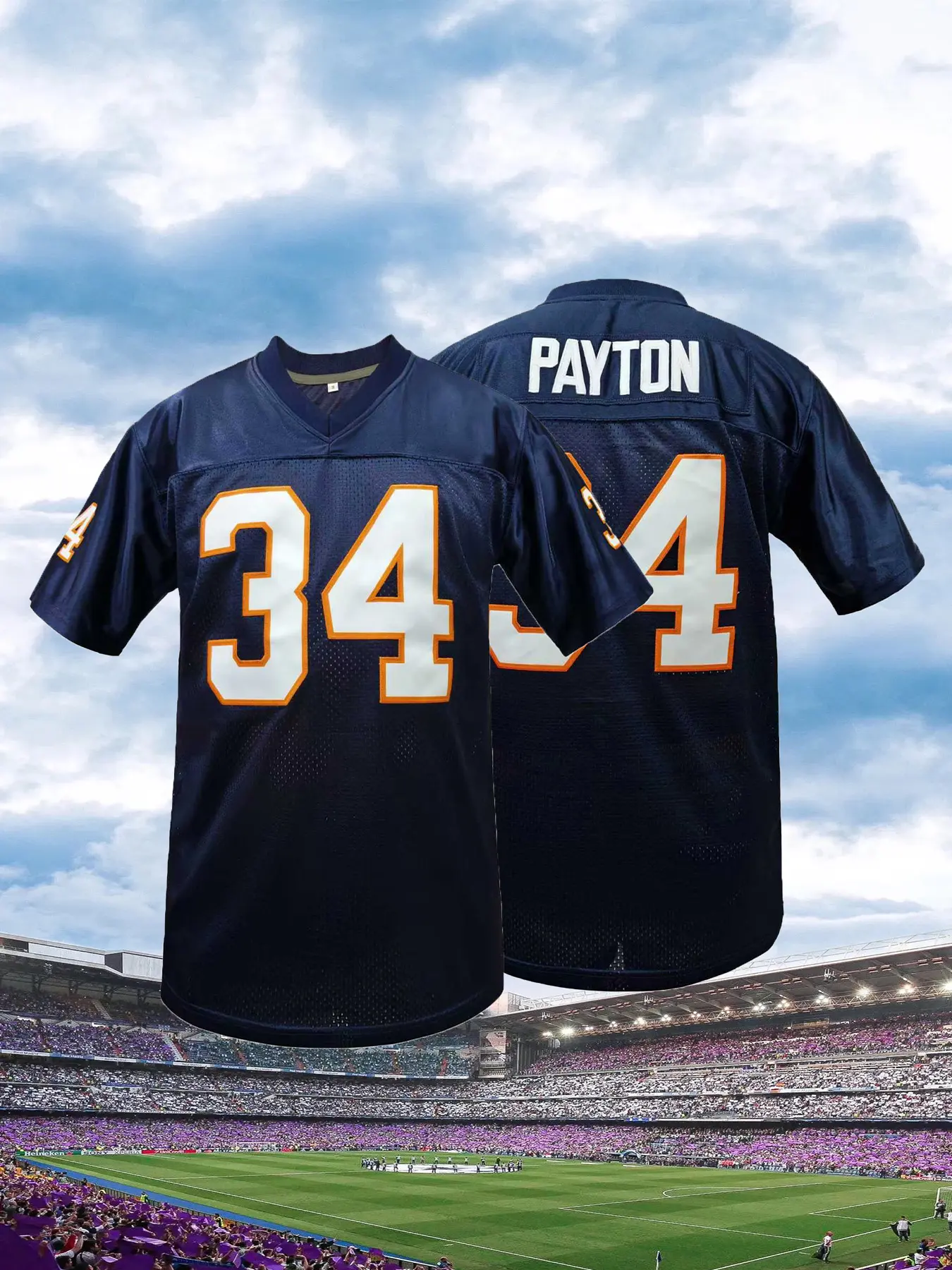 Men's Chicago #34 Football Jersey, Special Edition Jersey, V-Neck Breathable Blue Mesh Sportswear, Embroidered Loose Short Sleeve T-Shirt, Jersey Top, Sports Style Jersey, Unisex Outdoor Sports All Seasons