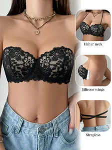 Women's strapless push-up bra with lace underwire, silicone side wings and neck strap, providing medium invisible support for backless, strapless, and off-the-shoulder dresses, Underwear, Chic, Elegant, Womenswear