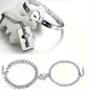4pcs Stainless Steel Couple Lab-Grown Rhinesne Bracelet Set with Heart Lock and Key Necklace - Couples Set