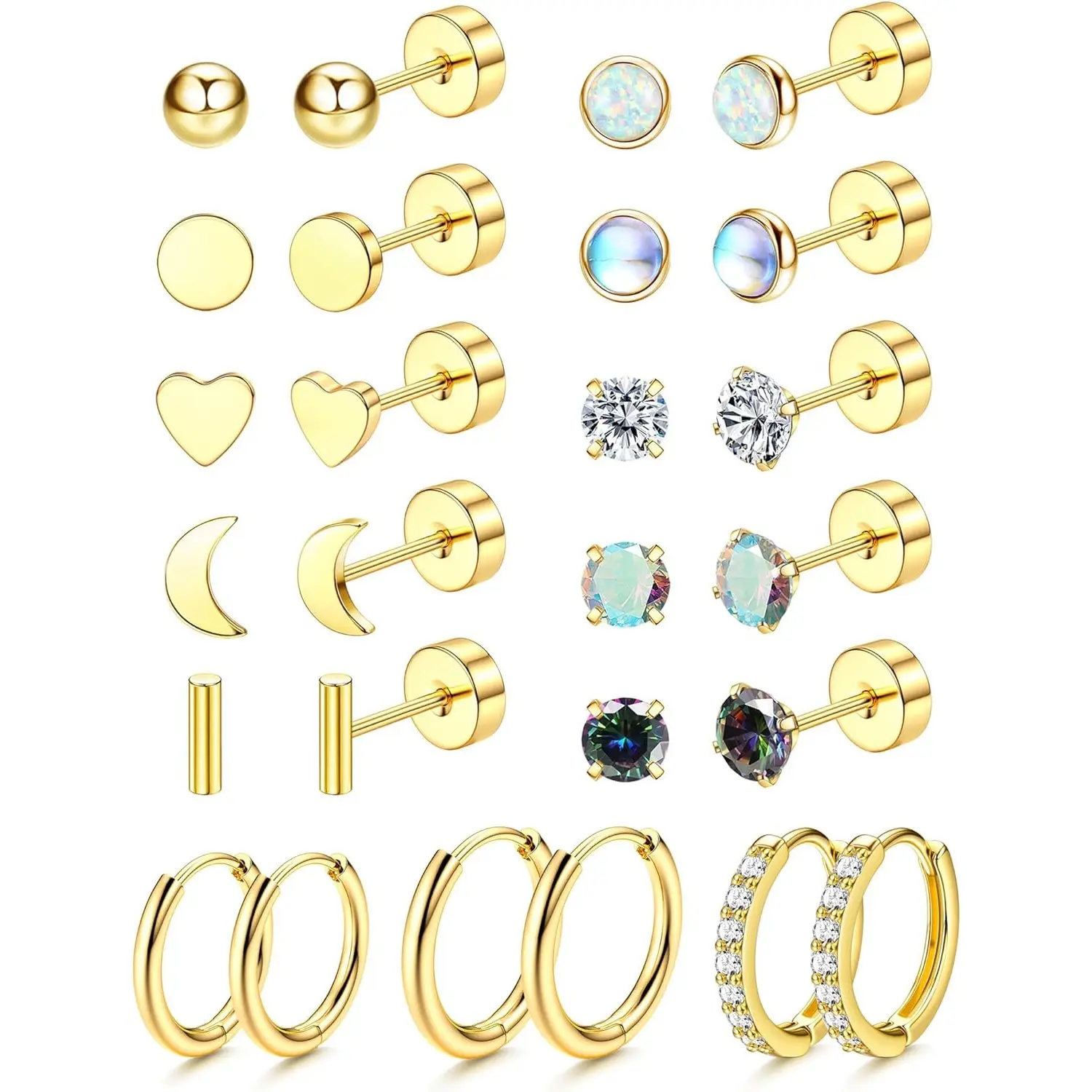 YADOCA 13-Pair 20G 316L Nickel-Test Steel Hypoallergenic Flat Back Earrings Set - Earring Stack, Jewelry Stack with Guiding Groove for Women's Matching Sets, Daily Multiple Piercings (Stud, Hoop, Sleeper, Conch; Moonstone, Opal, CZ)