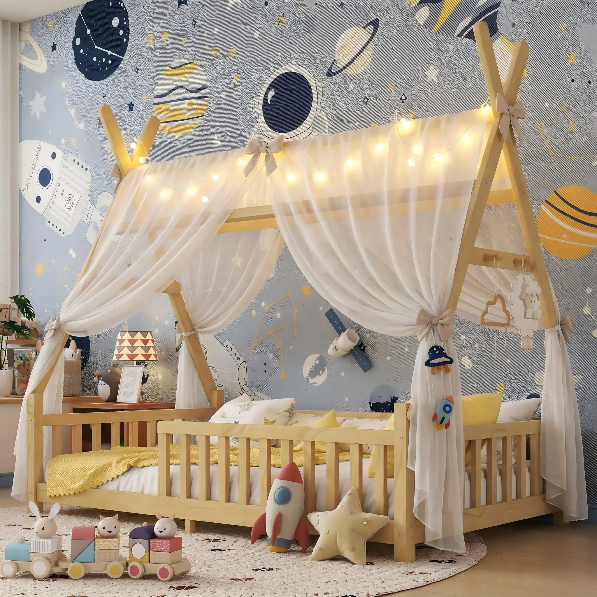 Teepee Floor Bed for Kids, Full＆Twin Size Montessori Beds with Rails & LED Light, Detachable Floor Tent Bed with Slats and Hanging Rack, Wood House Bedframe for Boys Girls