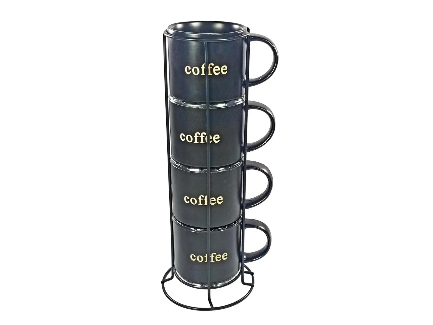 Marcelle W03M192 4-Piece 14oz Cylindrical Ceramic Coffee Mug Set - Stackable with Handles, 4mm Black Metal Stand, Matte Black, Microwave Safe, Gift for Kitchenware Enthusiasts, Cylindrical Mug