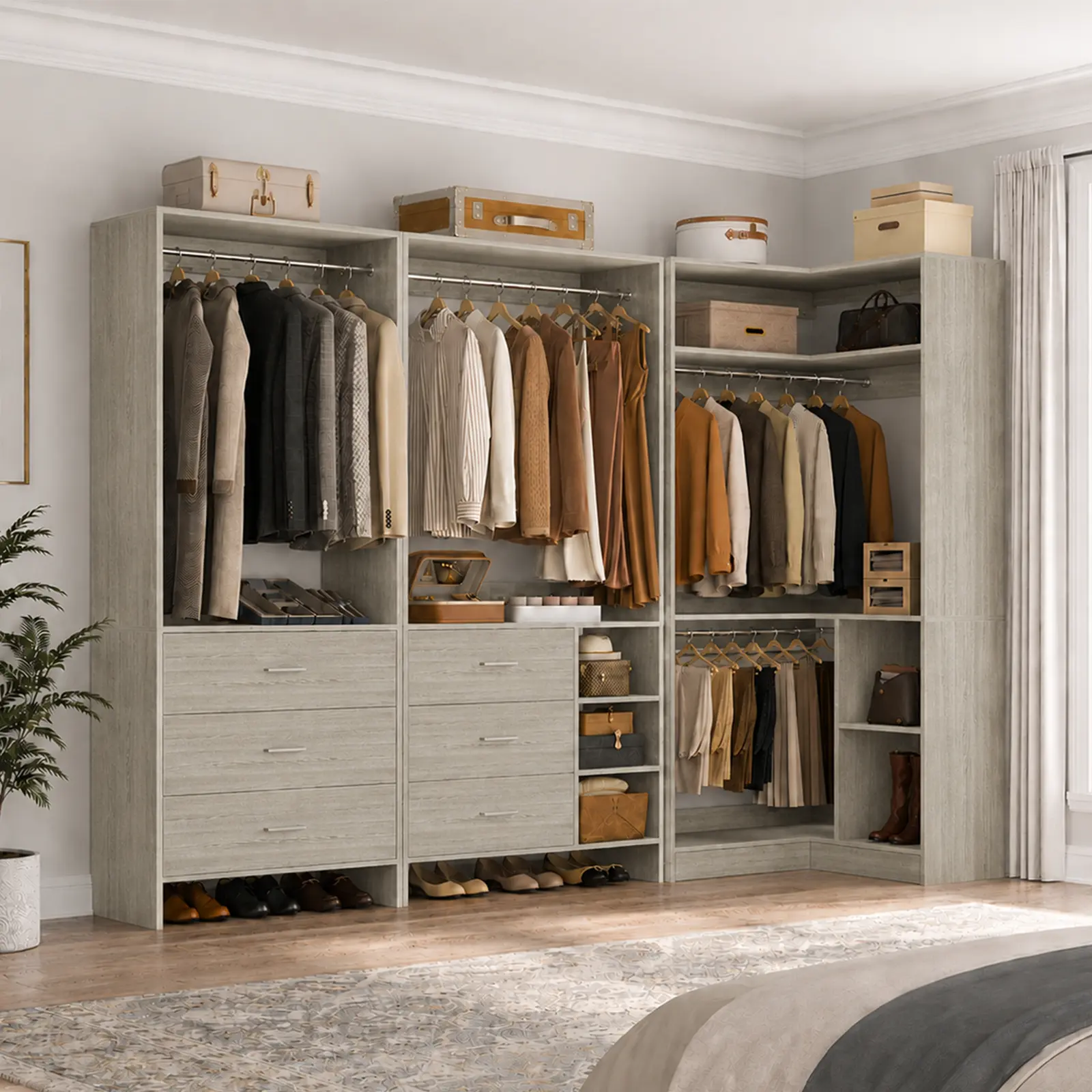 Modular Corner Closet System Set with Wooden Drawers, Hanging Rods, Adjustable Shelves – Bedroom Armoire Closet, High Freestanding Wardrobe, Entryway Wardrobe Storage Unit with Clean Look, Closet Organization