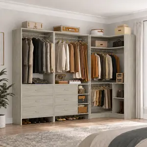 Modular Corner Closet System Set with Wooden Drawers ＆ Hanging Rods, Freestanding Walk-in Closet Organizer Wardrobe Armoire with Adjustable Shelves