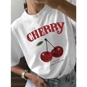 Cherry Pattern And Letter Printed T-Shirt, Round Neck Short Sleeve Casual Top, Suitable For Women Spring