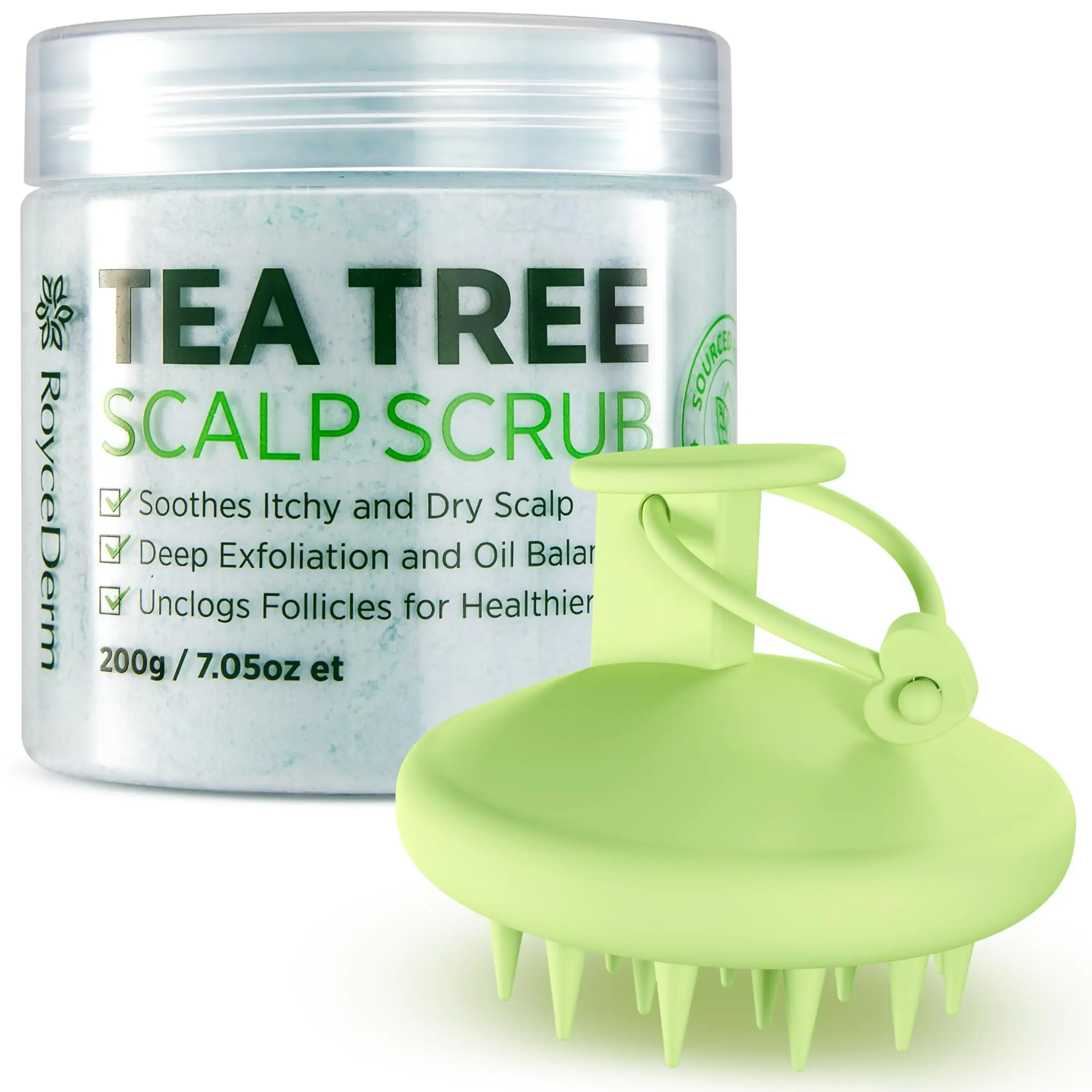 Roycederm Tea Tree Scalp Scrub, Itchy Scalp Relief Treatment with Shea & Witch Hazel - Dandruff & Buildup Exfoliator for All Hair Types, Plant Based, 7 oz (200g), Haircare, Daily, Blend, Oil, Soothing, Cleanser, Moisturizing, Gentle, Cleansing, Tea Tree O