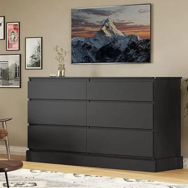 SIKAIC 51.5" 6-Drawer Dresser, Black Chest of Drawers for Bedroom Storage Cabinet