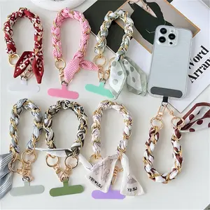 Stylish Silk Scarf Phone Lanyard Strap Hanging Chain Ring Cord With Patch Wrist Strap Phone Holder Detachable Rope Keychain