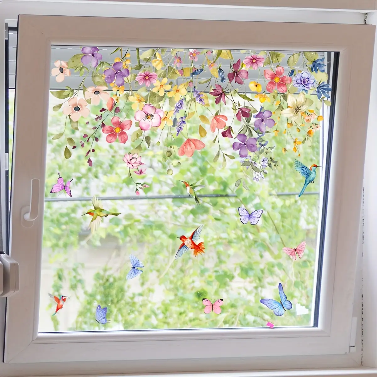 A new 2D flat static cling window decoration with colorful flowers, hummingbirds and butterflies, measuring 30*60cm, featuring an aesthetic window sticker and showcase sticker, Decorative Decal (D16568-KX)