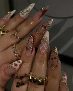 AURA NAILS \ Luxury Gothic Press On Nails  Luxury Red and Gold French Tip Fake Nails  Red and Gold Romantic Nail Art  3D Romantic Nail Art  DC156Y2