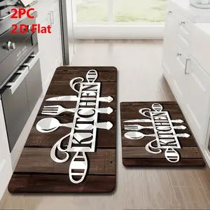 2/3 Piece Flannel Kitchen Mat Set, Vintage Dark Wood Grain Design, Non-Slip Bottom, Absorbent, Home Decor
