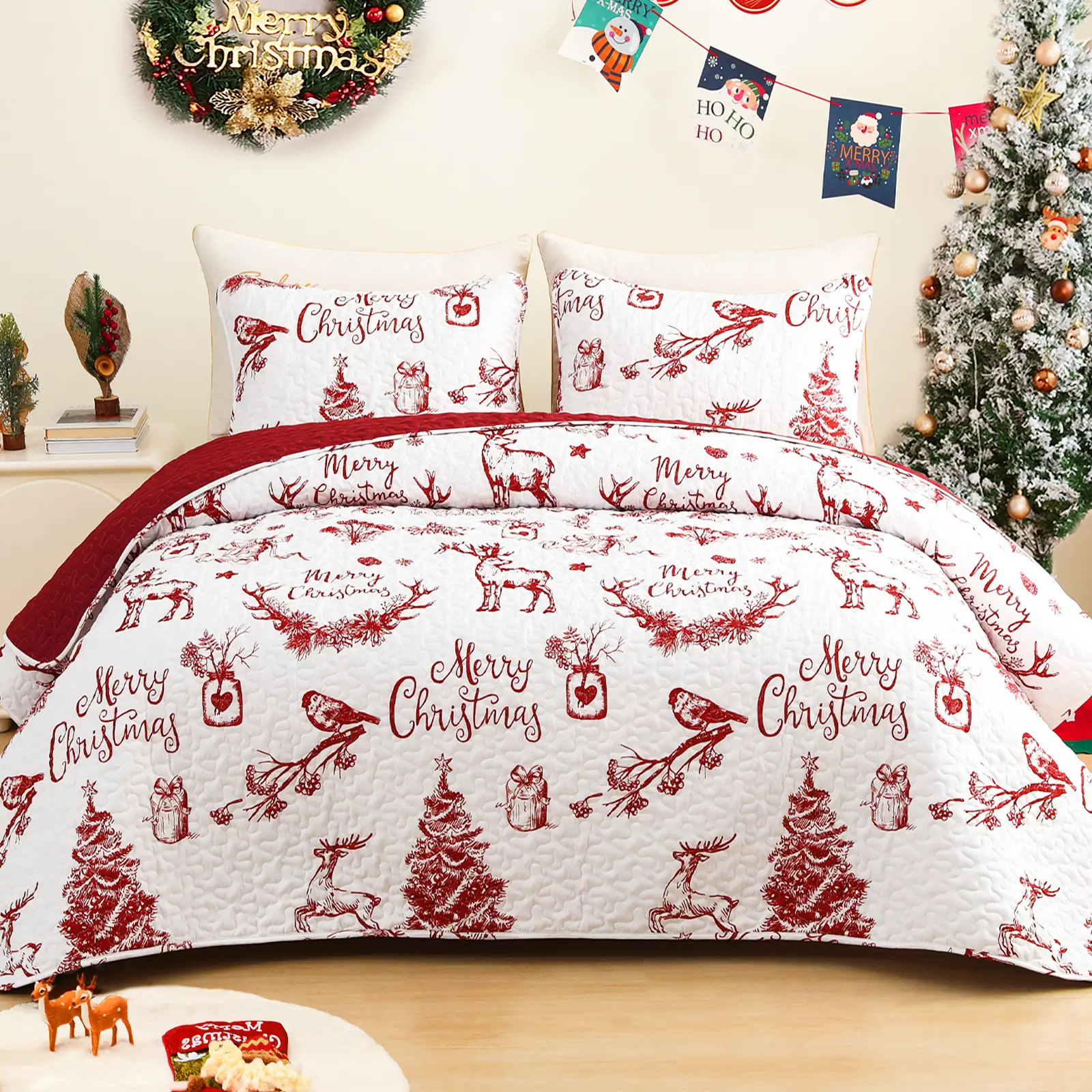Exclusivo Mezcla Christmas Quilts, Red Reversible Bedspread Lightweight Coverlet Winter Quilt Bedding Set with 2 Pillow Shams For King/Queen Size,1 Pillow Sham For Twin Size, Bed Decor Coverlet Set For All Season