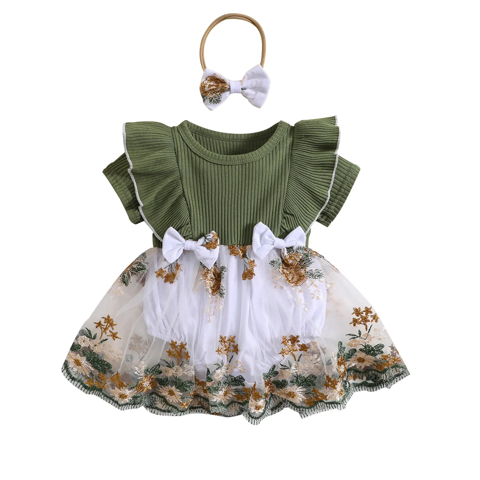 Baby Girl Summer Clothes Ruffles Ribbed Knit Romper Dress Jumpsuit Bodysuit with Headband Cute Newborn Outfit Set