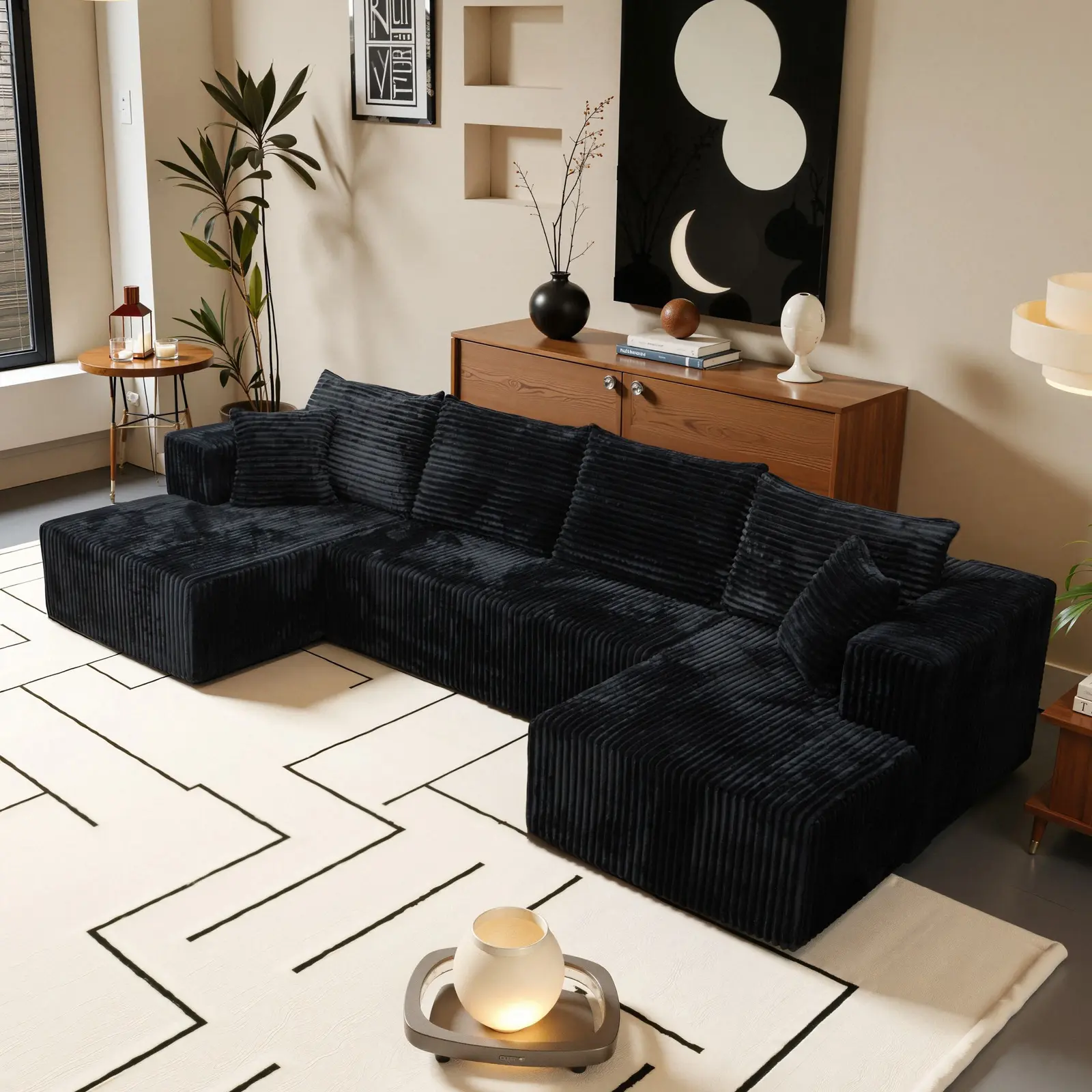 132'' U-Shape Modular Sectional Couch – Boneless Compressed Corduroy Sectional, Modern Convertible Sleeper Sofa for Living Room, Space-Efficient Corduroy Sectional