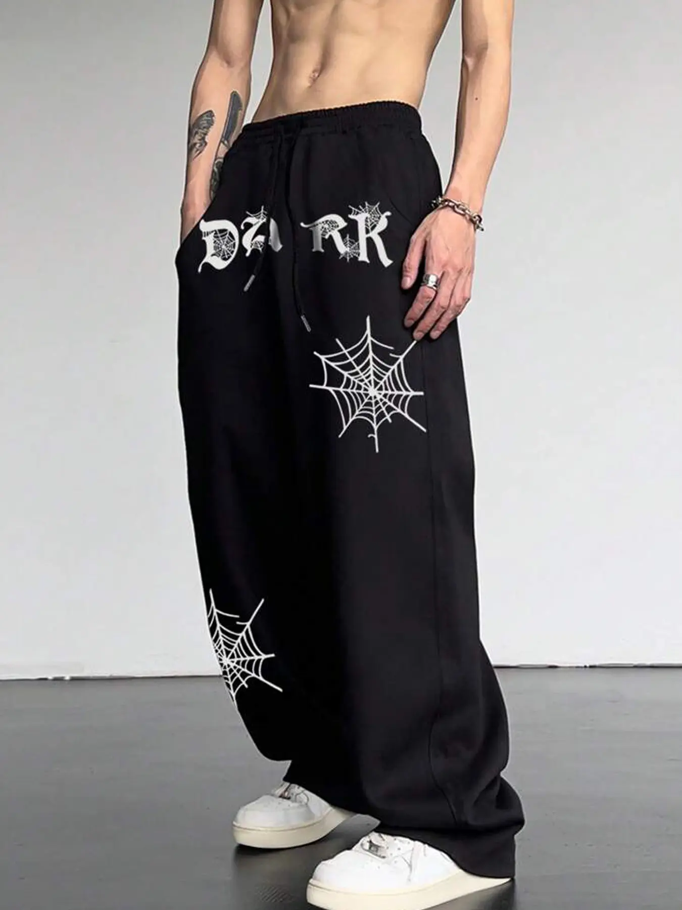 Men's Y2K Grunge Black Baggy Sweatpants with Gothic Spider Web Print - Oversized Dark Aesthetic Streetwear Joggers for Harajuku Hip Hop Outfits, Casual Street Pants