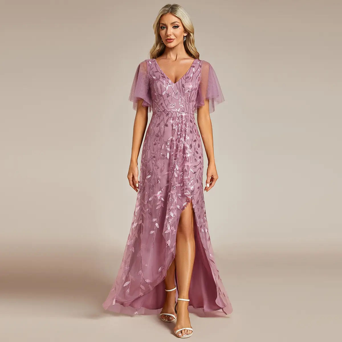 EVER PRETTY Women's A-Line Formal Evening Dress, Sparkly Sequin V-Neck High Low Midi Gown with Short Sleeves, Formal Wear, Shortsleeve, Black Tie, Dress For Wedding Guest, Elegant Evening Gown, Wedding Guest Dresses