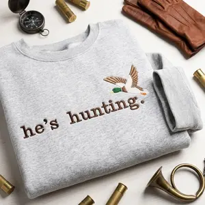 He's Hunting Embroidered Mallard Duck Sweatshirt - Premium Minimalist Flying Duck Crewneck - High Quality Nature Inspired Embroidered Shirt - Elegant Hunting Gift for Men