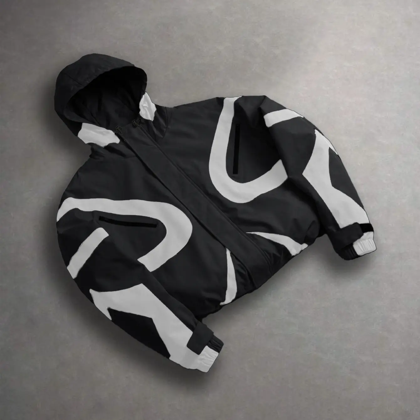 Color-block hooded windbreaker jacket with geometric curved panel splicing, full zip closure, lightweight windproof fabric, zippered chest pockets, elastic cuffs, drawstring hem, oversized cropped loose fit, Y2K street athletic outerwear
