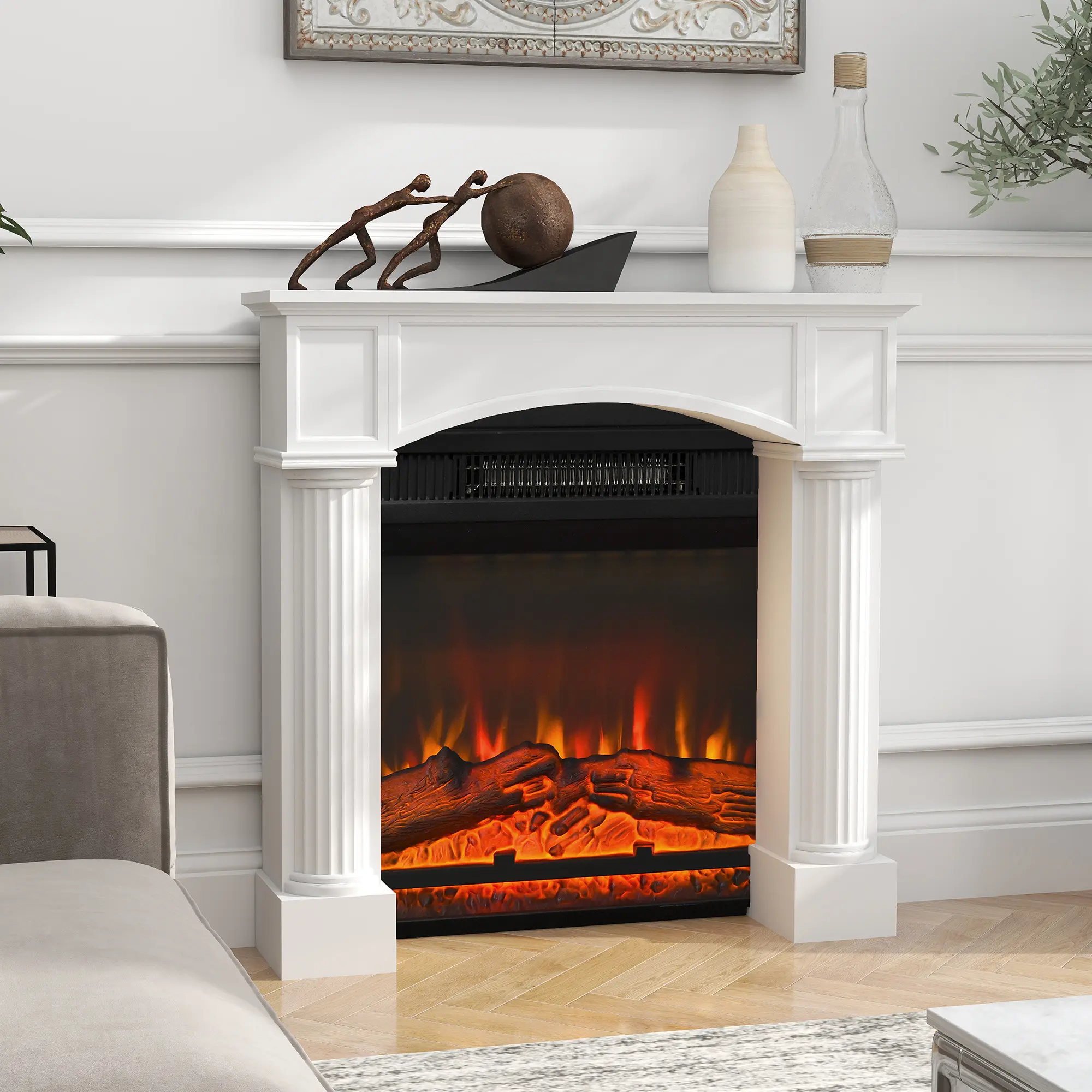 White Modern Freestanding Fireplace Mantel Surround - 43.3" W x 39.8" H Wooden Frame, Compatible with 18"-24" Electric Fireplace Inserts, Firebox Cover for Living Room & Bedroom Furniture Decor