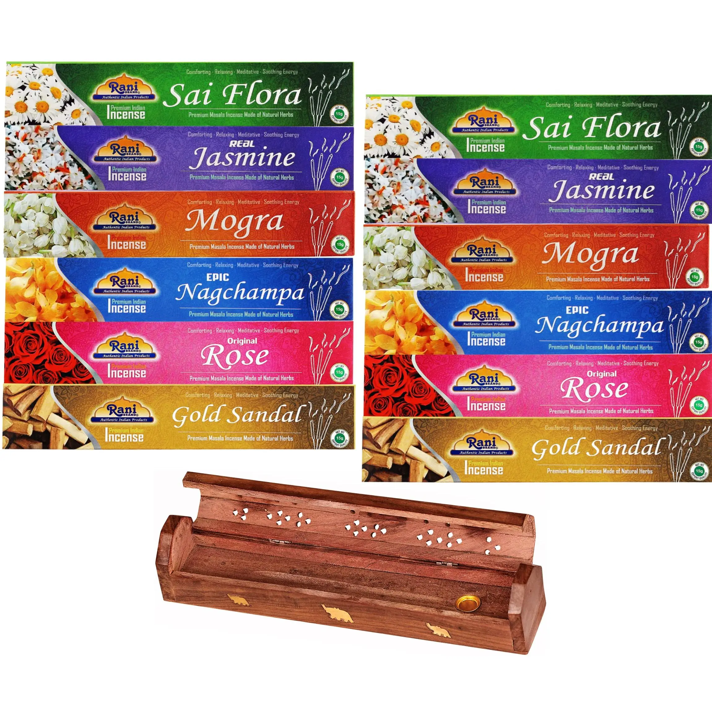 Rani Multi Pack Incense (Premium Masala Incense Made of Natural Herbs) 2 of Each Scents (Total of 12 Packets) with Incense Burner ~ Total of 120 Incense sticks | Indian Origin