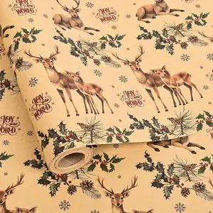 Christmas Wrapping Paper Roll for Men Women - Reindeer, Pine, Holly Berries Design  Christmas  Wrap for Holiday  Shower Party Celebration DIY Craft - 17 In X 20 Ft( 28.5sq.ft)