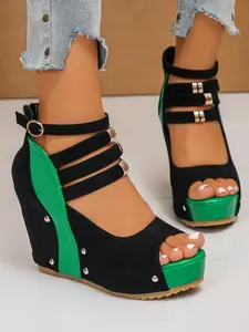 Women's Summer Fish Mouth Wedge Heels, Ankle Strap Design, Roman High Heel Style, Colorful Thick Sole Shoes, Strappy Platform Wedges, Perfect for Daily Parties, Elegant