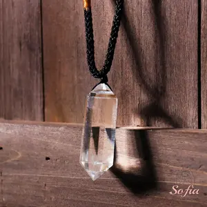 Sofia Natural Clear Quartz Stone Wand Pendant Necklace Clear Crystal Double Point Charm Amulet Adjustable Rope 24 Inch Chain for Women Men