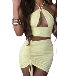 Lady Luxe Fashions Women's Drawstring Skirt Set with Sleeveless Cut Out Crop Top Above The Knee Fashionable Outfit for Casual Outings