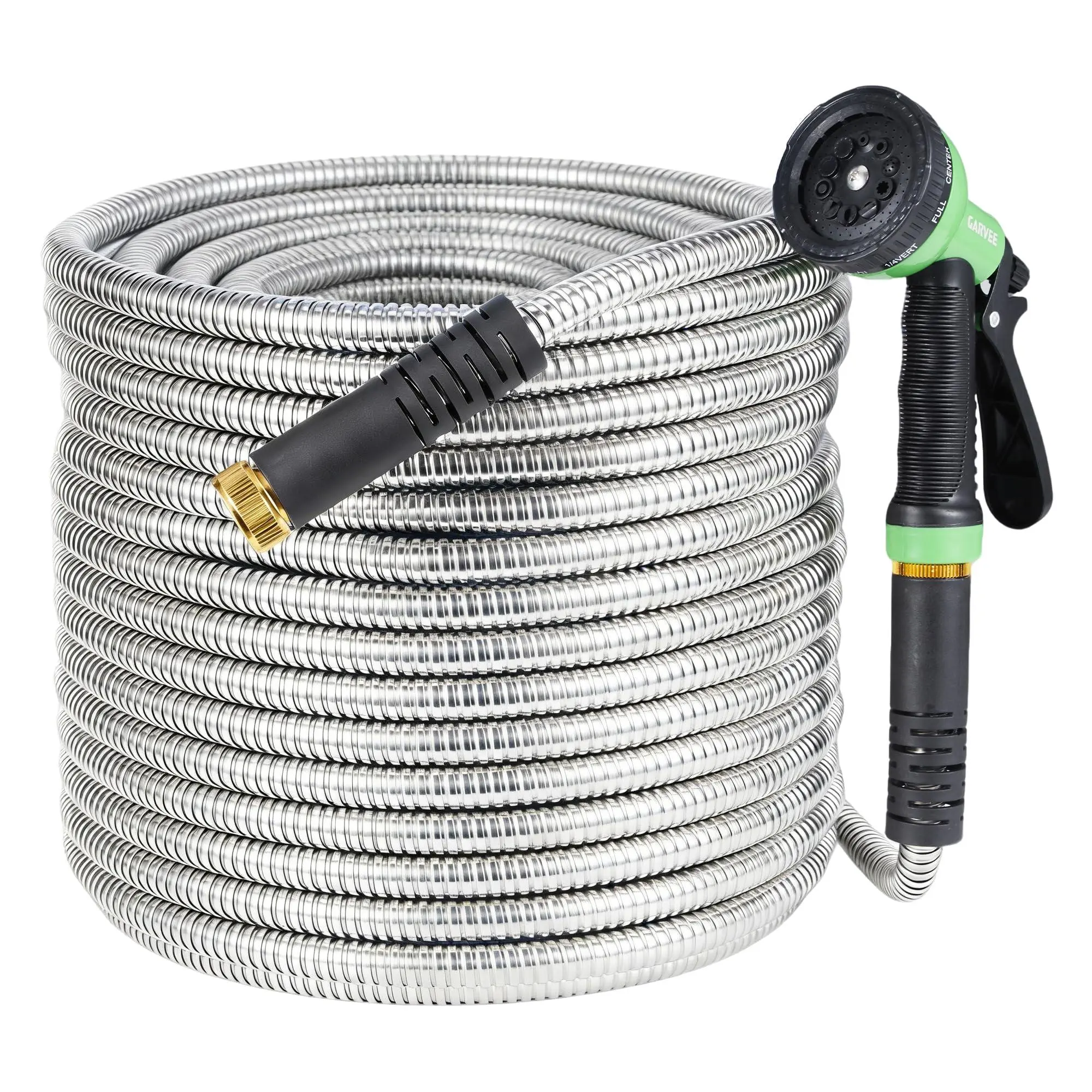 150 ft Stainless Steel Kink-Free Flex Garden Hose, 10-Function Spray Nozzle, Solid Metal Construction, 3/4'' Solid Brass Connectors, Heavy-Duty, Durable, Leak-Proof Outdoor Water Hose