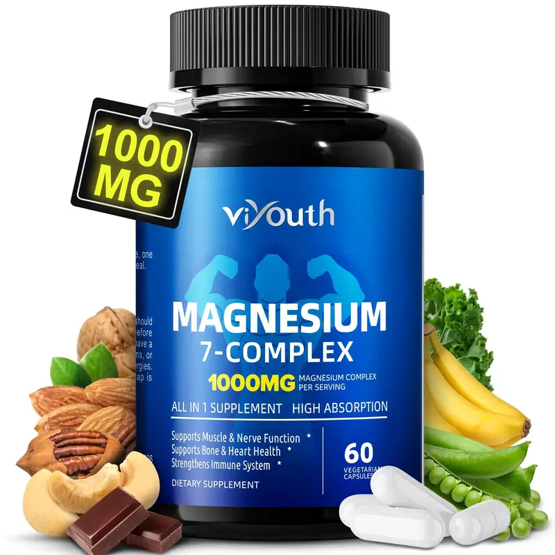 Viyouth 1000mg 7-Type Magnesium Complex with Zinc – Multi-Benefit Formula for Calm, Deep Sleep, Muscle & Nerve Support, Energy Production, Heart & Bone Health, Digestive Balance, Detox & Cortisol Regulation –3rd Party Tested Healthcare Supplement