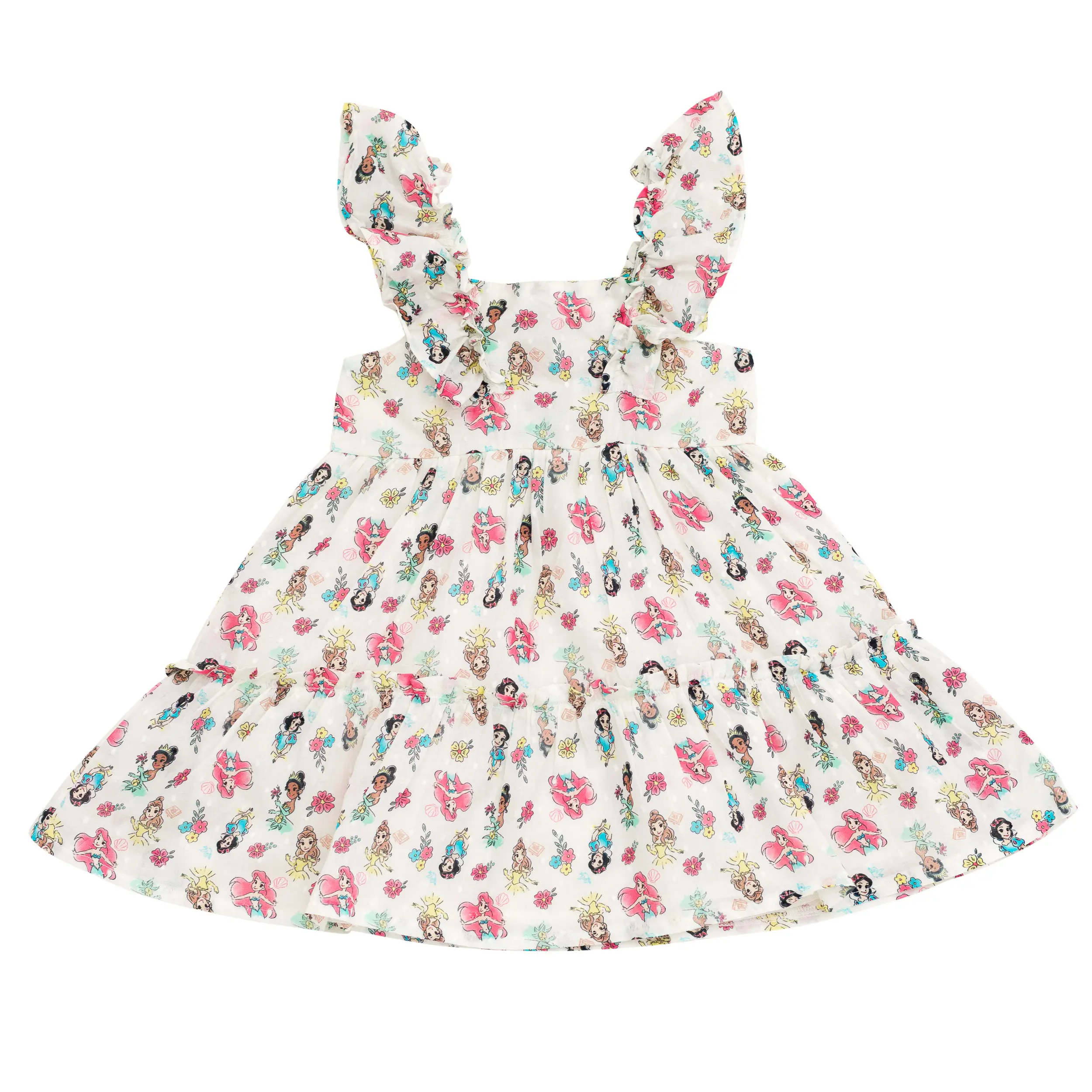 Disney Girls' Princess Tiered Sundress in Swiss Dot Cotton, Sleeveless All Over Print Outfit with Ruffle Straps for Easter Parties, Cotton Fabric, Tiered Skirt, Ruffled Straps, 6 - 7 Years, Fit & Flare, Yes, Fully Lined Interior